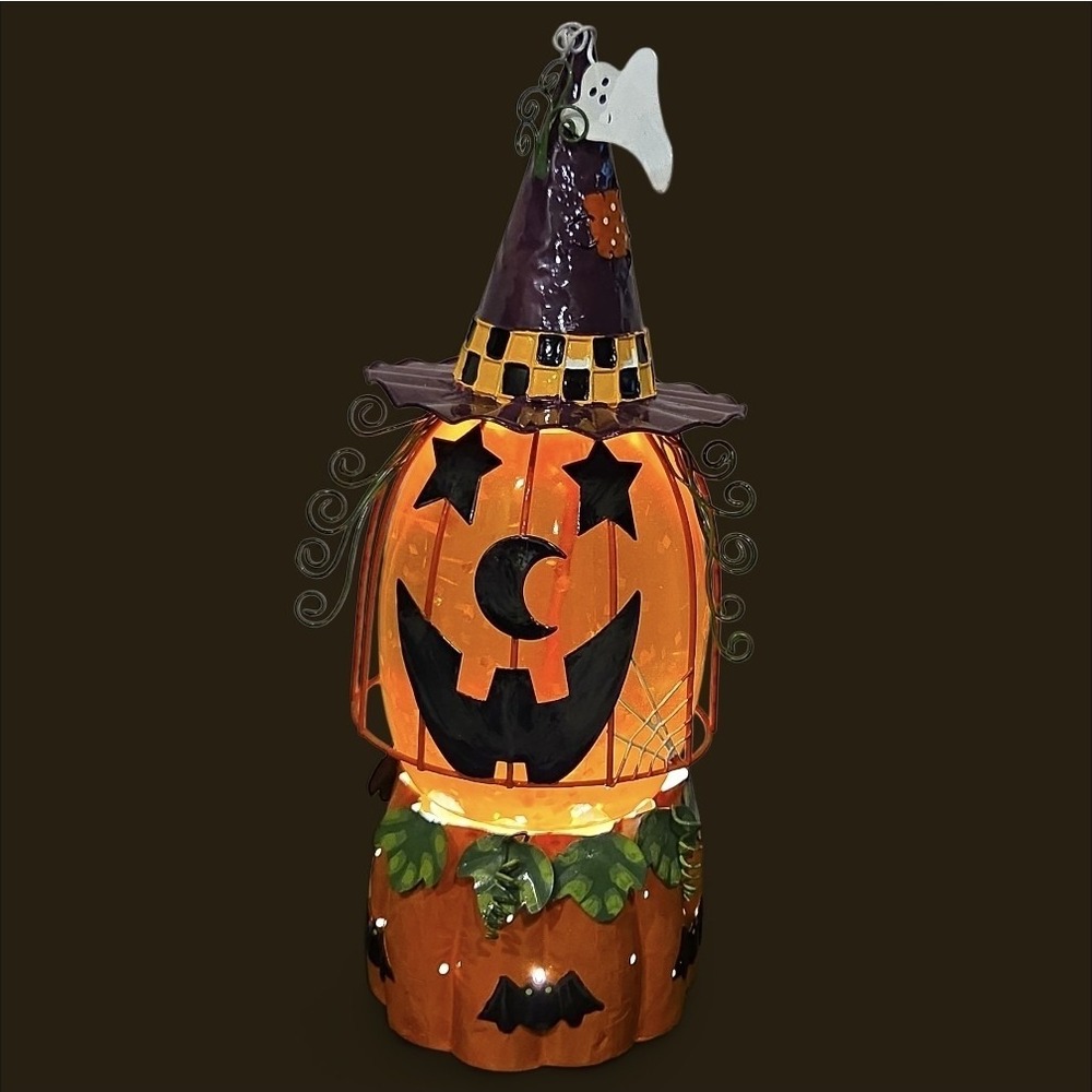 PUMPKIN AQUA GLITTER   LAMP WITCH HAT 14" ELECTRIC HALLOWEEN NEW IN BOX JCPENNEY - Picture 9 of 16